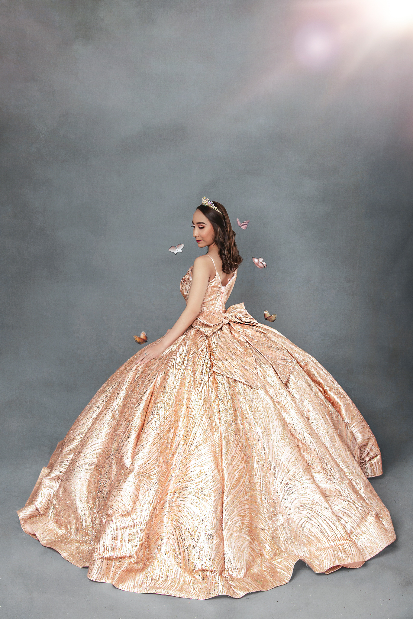 Vestido Quinceañera Rosegold Tirantes Moño Brillante - Almudena