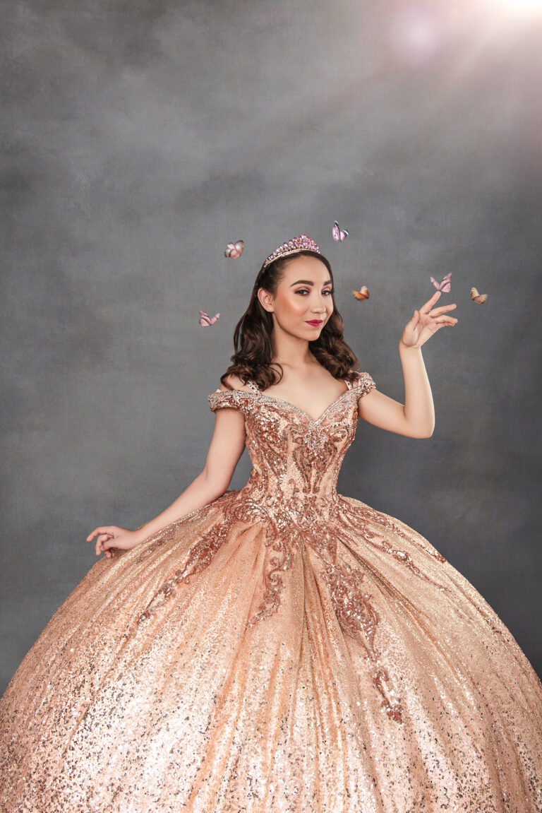 Vestido Quinceañera Rosegold Sin Hombros Brillante - Almudena Boutique