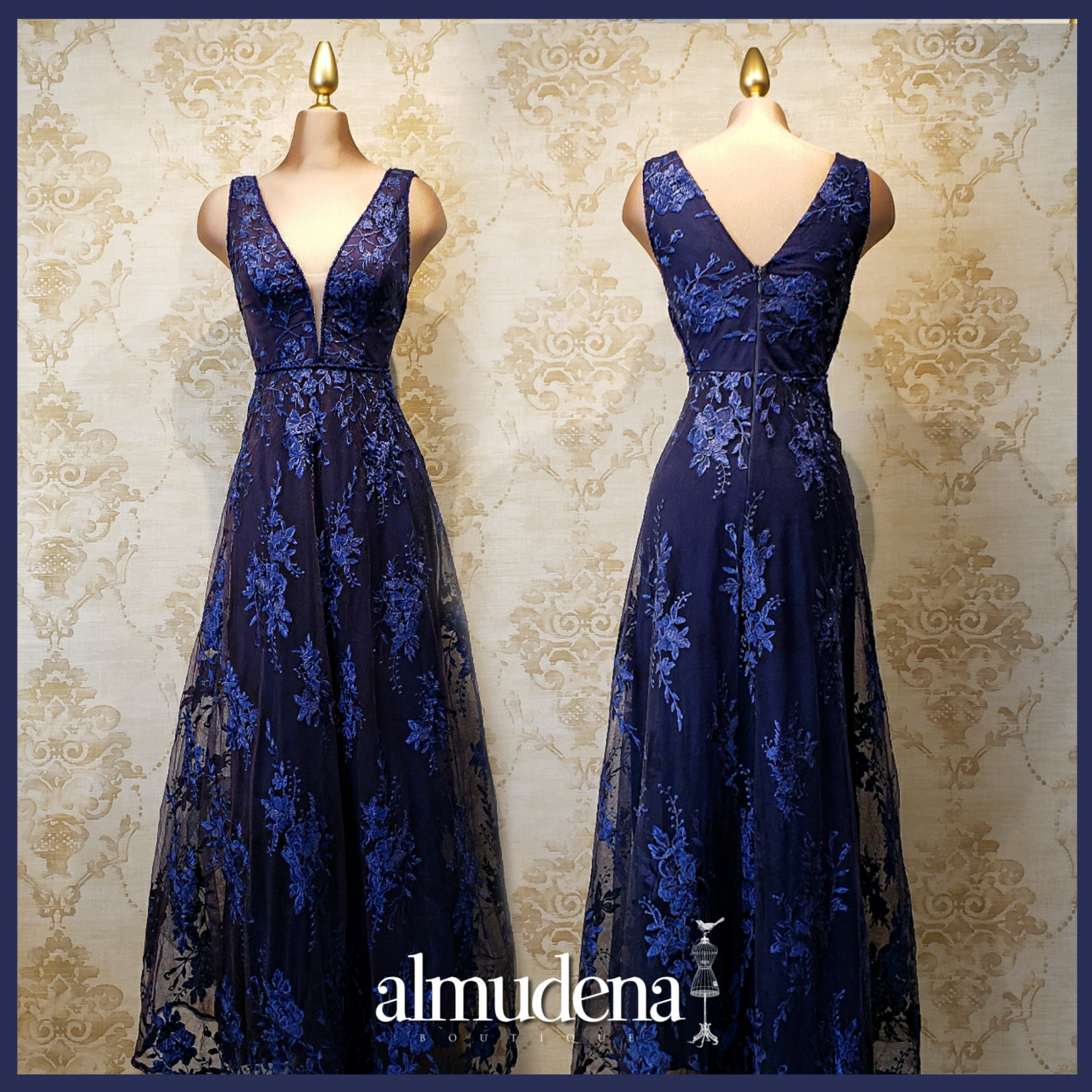 Vestido Azul Marino Largo Encaje de Fiesta - Almudena Boutique - Ropa para  mujer, Vestidos cortos, de noche y para novias