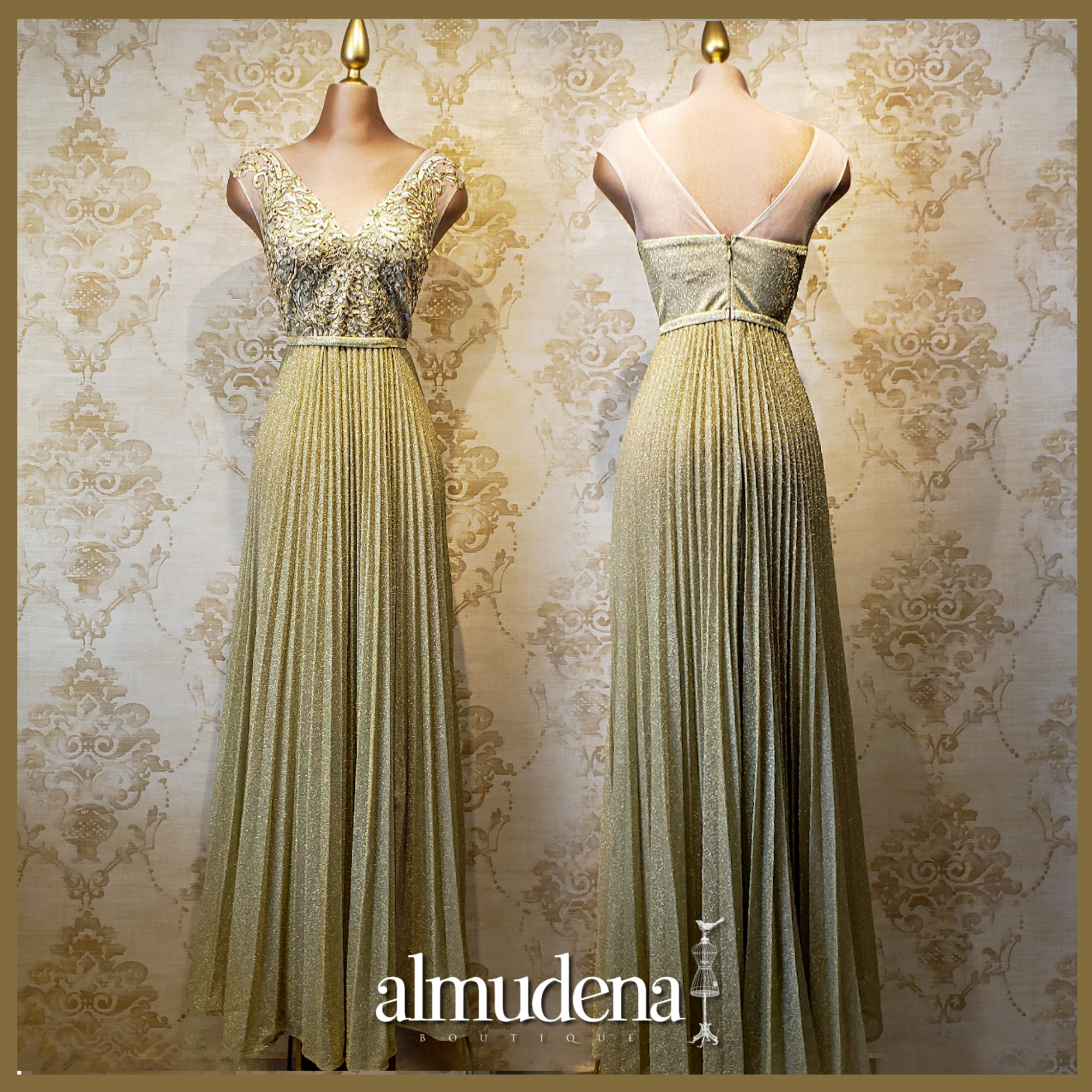 Vestido Oro Largo con Encaje Elegante - Almudena Boutique - Ropa para  mujer, Vestidos cortos, de noche y para novias