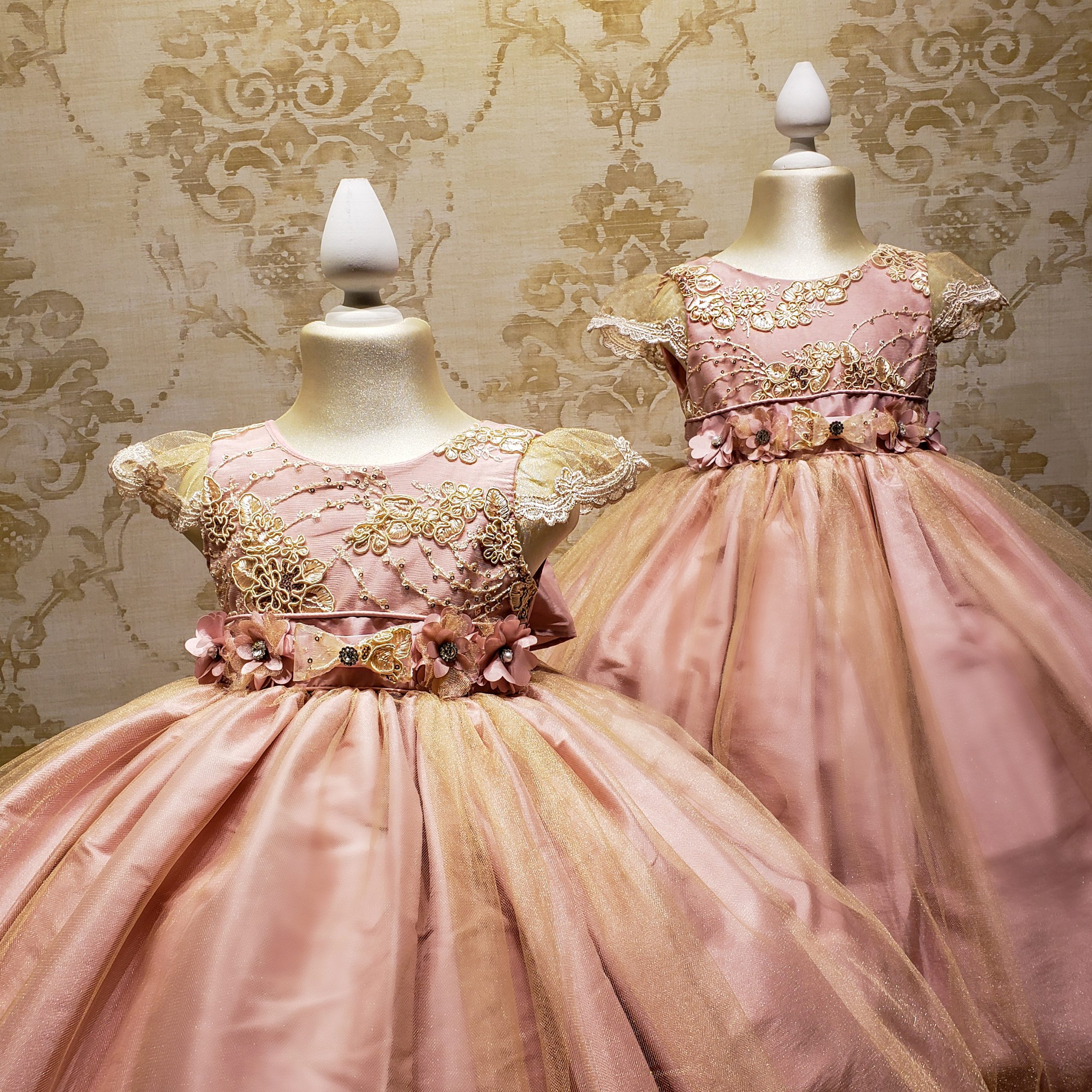 Vestido de Niña Fiesta Rosa Palo con Encaje Oro Elegante Talla 2 a 3 Años -