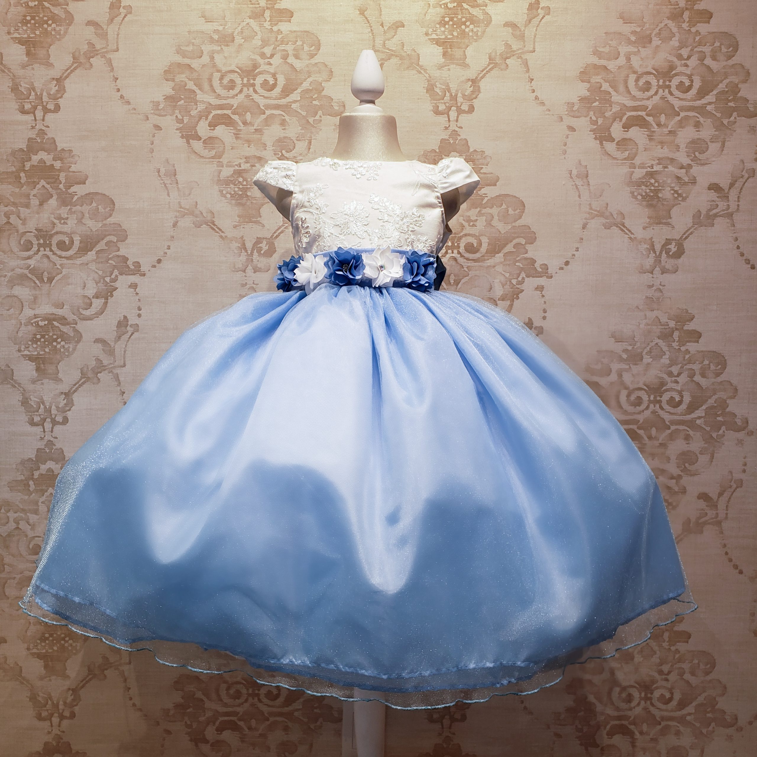 Vestido de Niña Fiesta Azul con Blanco con Encaje y Flores Talla 3 a 8 años  -