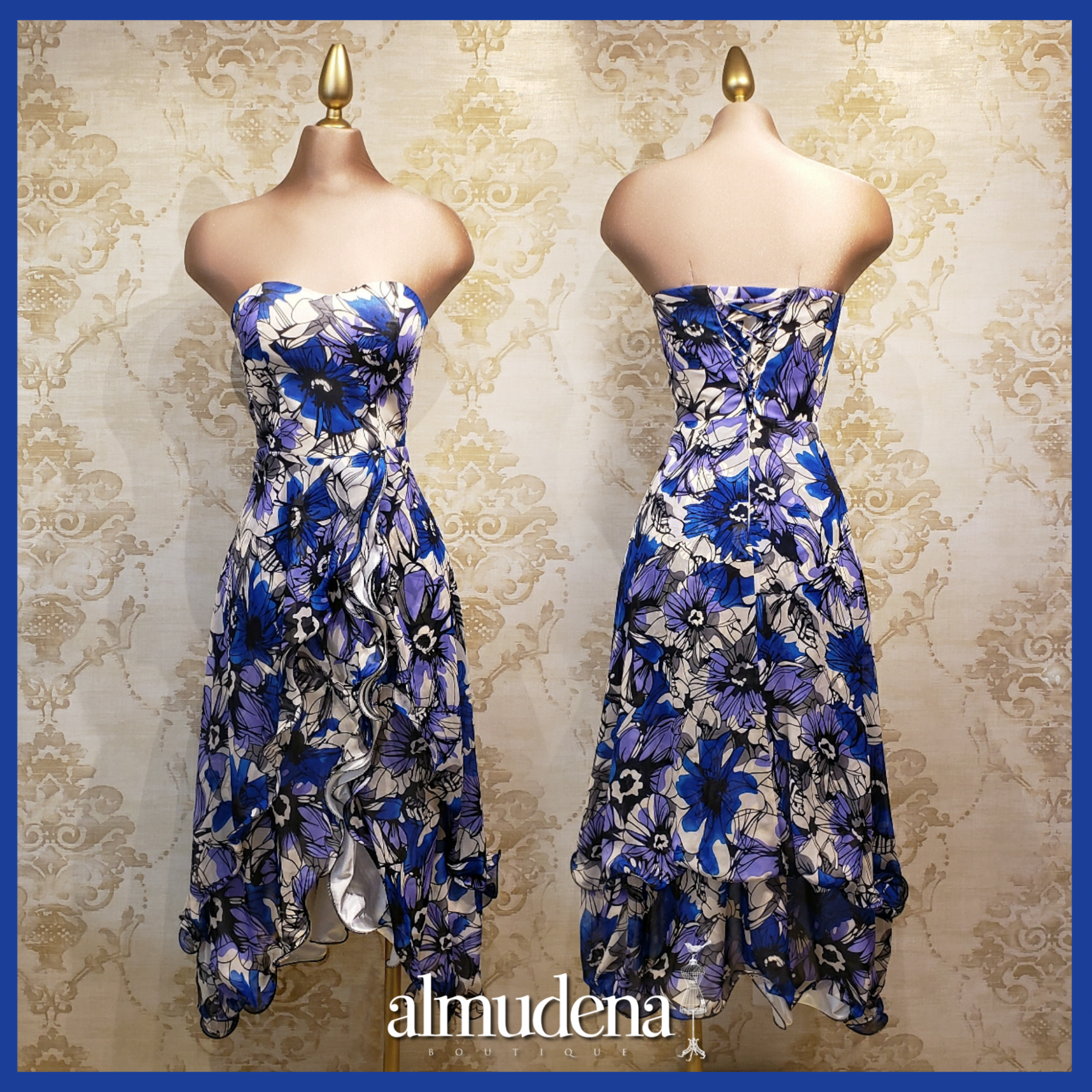 Vestido Azul Largo con Estampado Blanco de Flores - Almudena Boutique -  Ropa para mujer, Vestidos cortos, de noche y para novias