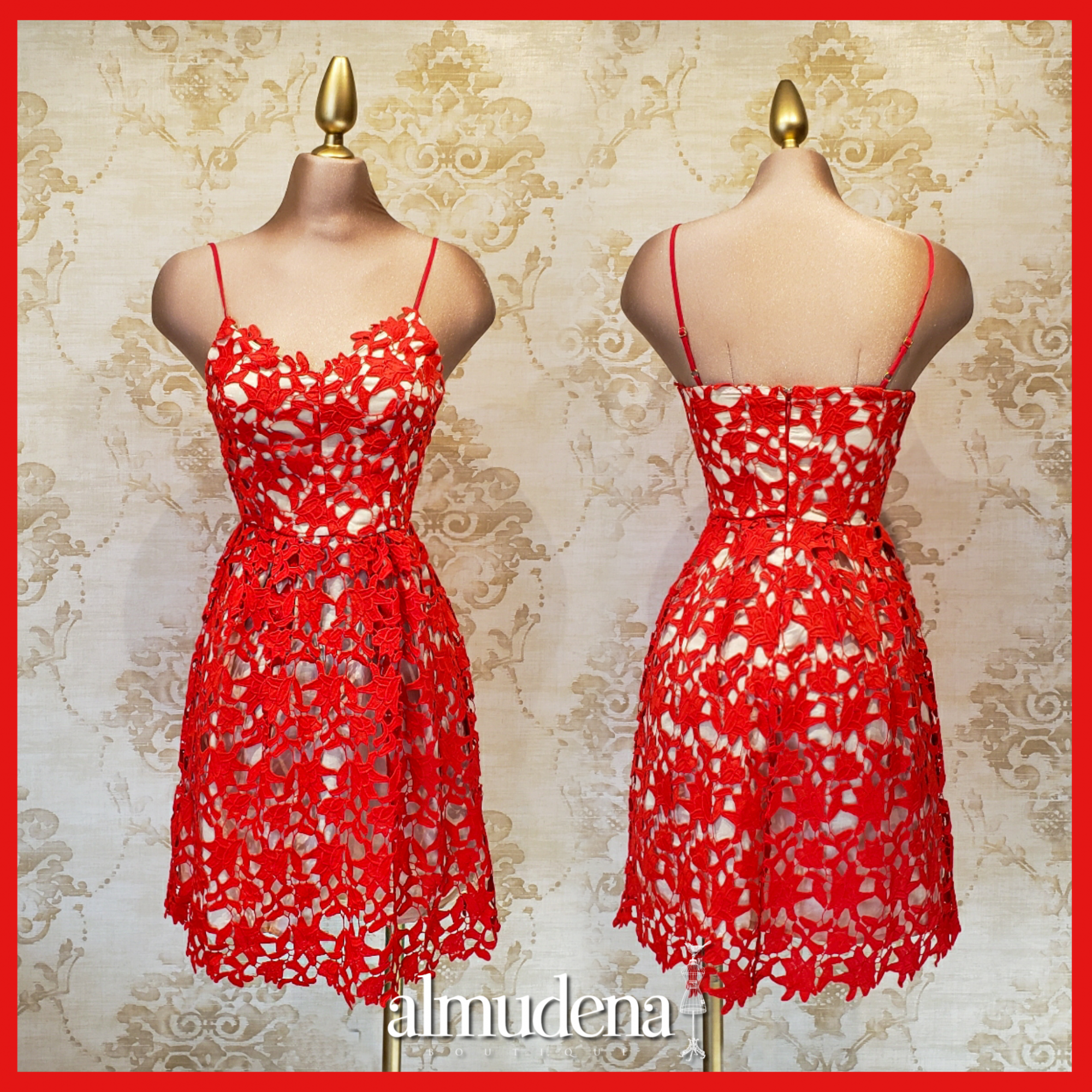 Vestido Rojo con Beige Corto Encaje - Almudena Boutique - Ropa para mujer, Vestidos cortos, y para novias