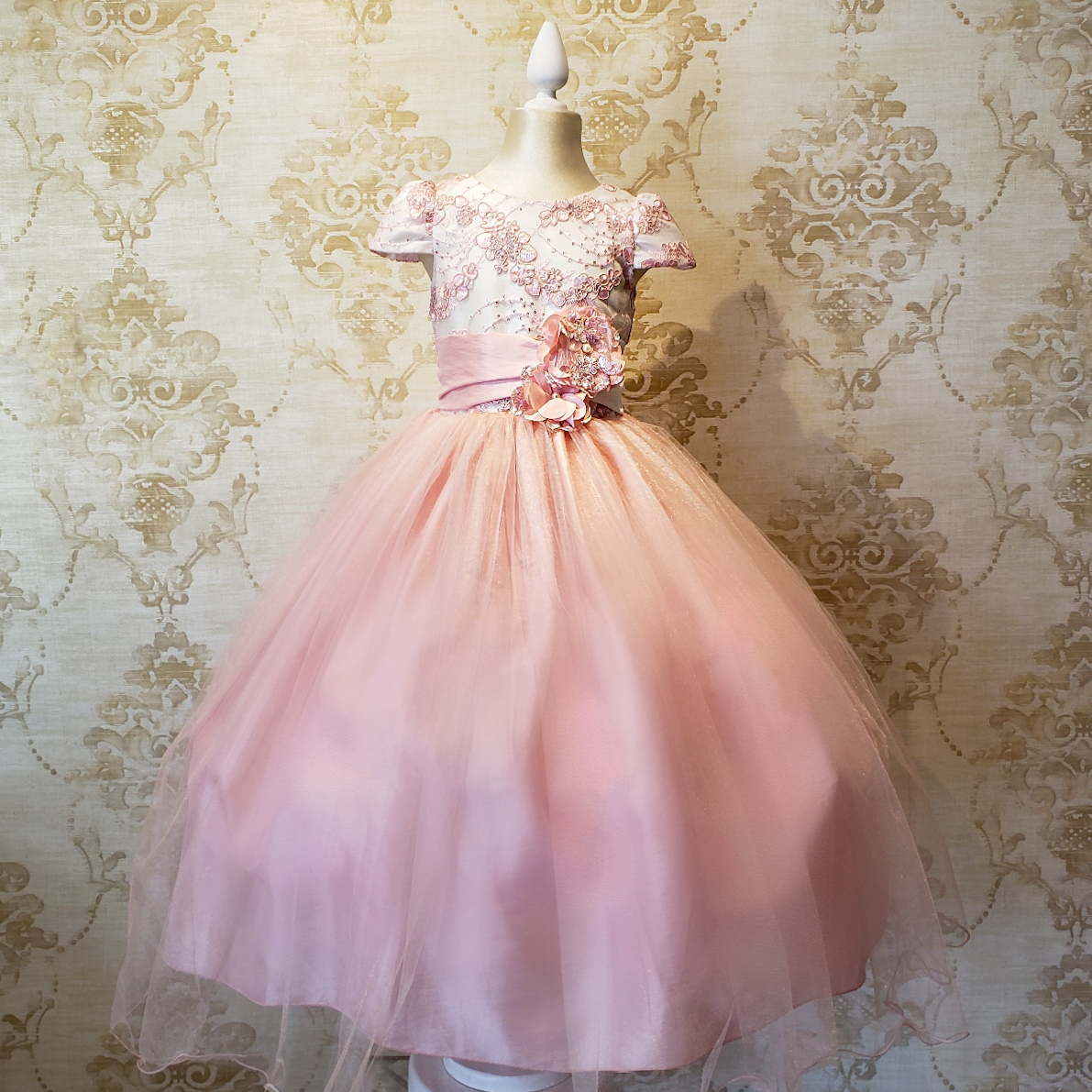 Vestido De Niña Fiesta Rosa Pastel Encaje Bordado Con Flor Talla 10 A 12  Años 