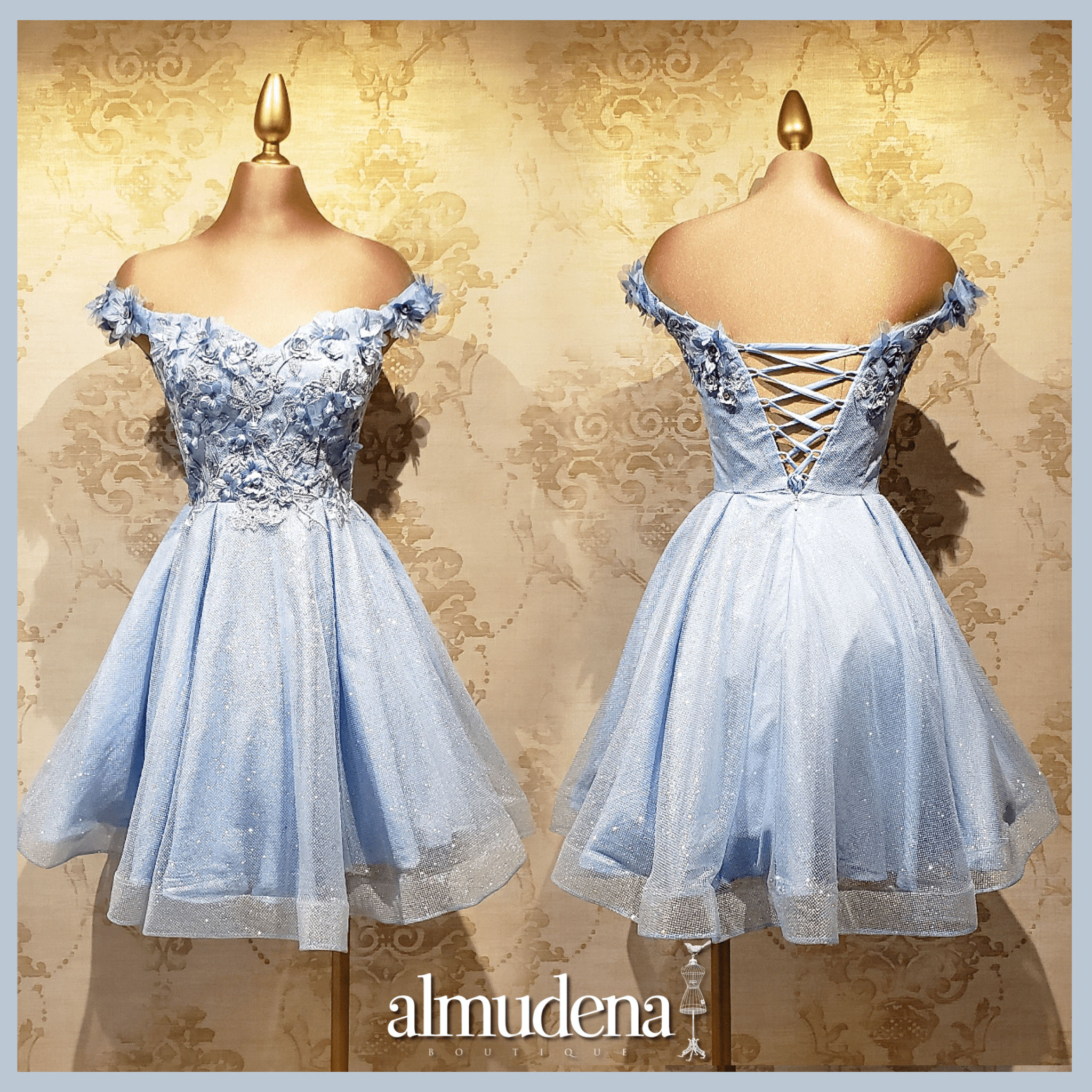 Azul Cielo Corto Brillante con Flores - Almudena Boutique - para mujer, Vestidos cortos, noche y para novias
