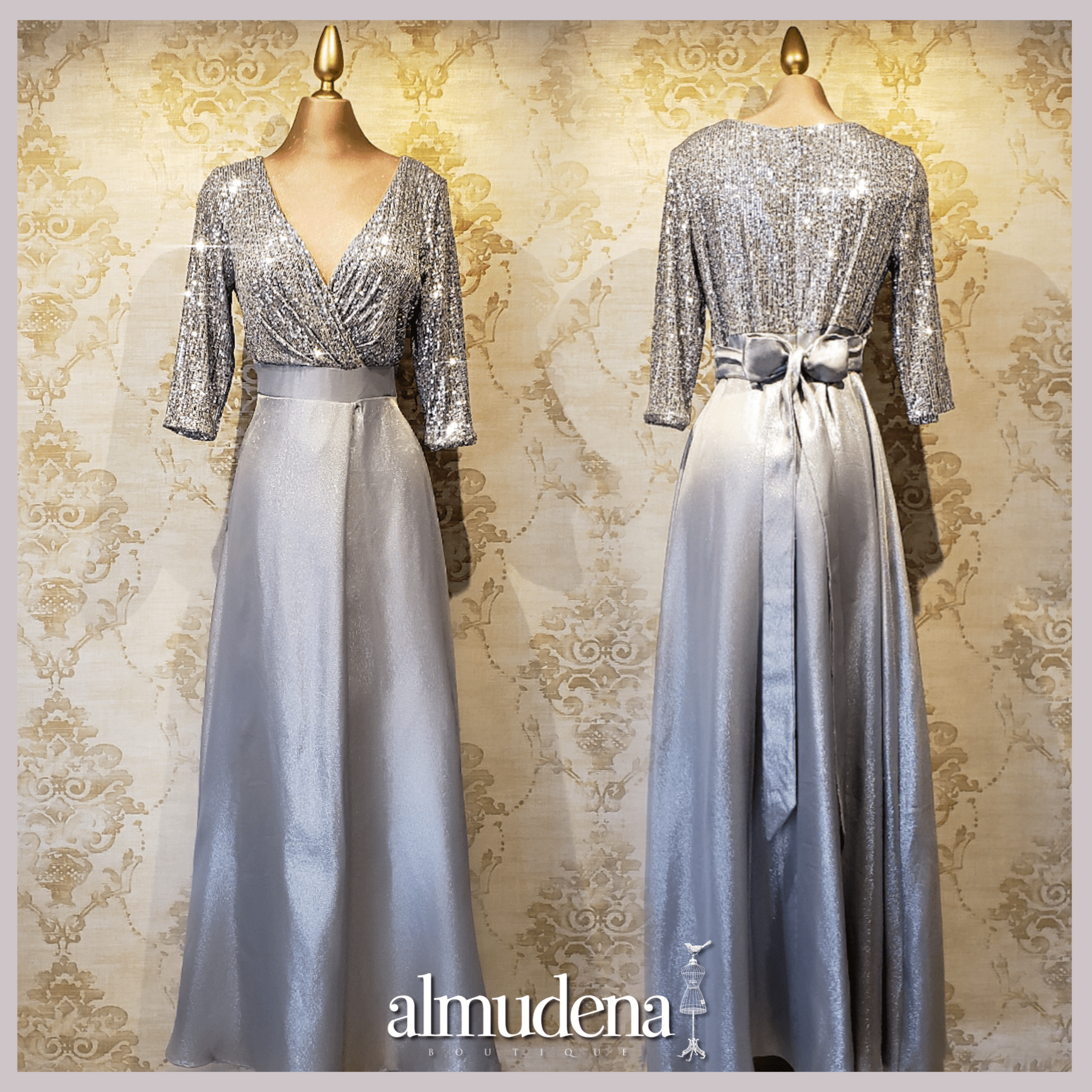 Vestido Plata Largo Con Manga - Almudena Boutique - Ropa para mujer, Vestidos cortos, de noche y para novias