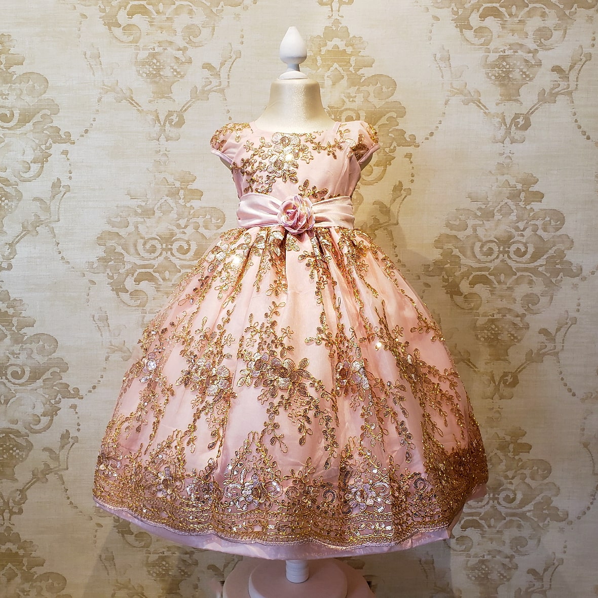 Vestido de Niña Fiesta Rose Gold Brillante con Flor Talla 2 a 10 Años -