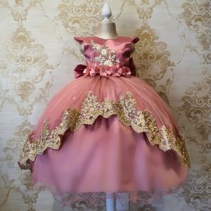 Trasplante Desgracia Amargura Vestido de Niña Fiesta Rosa Palo con Oro Manga Corta Talla 2 a 4 Años -